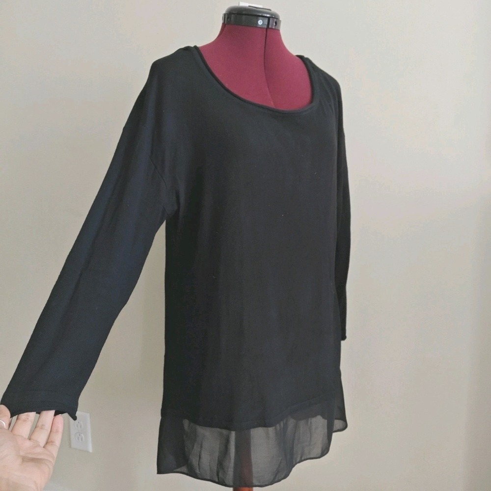 Cupio Womens Black Sheer Hem 3/4 Sleeve Tunic Long Sweater Knit Top Lightweight